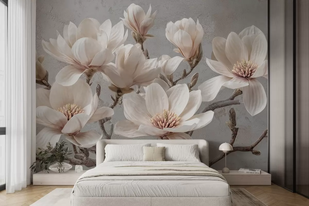 stenske poslikave Veje magnolije z velikimi svetlimi cvetovi v umirjenih tonih w09305