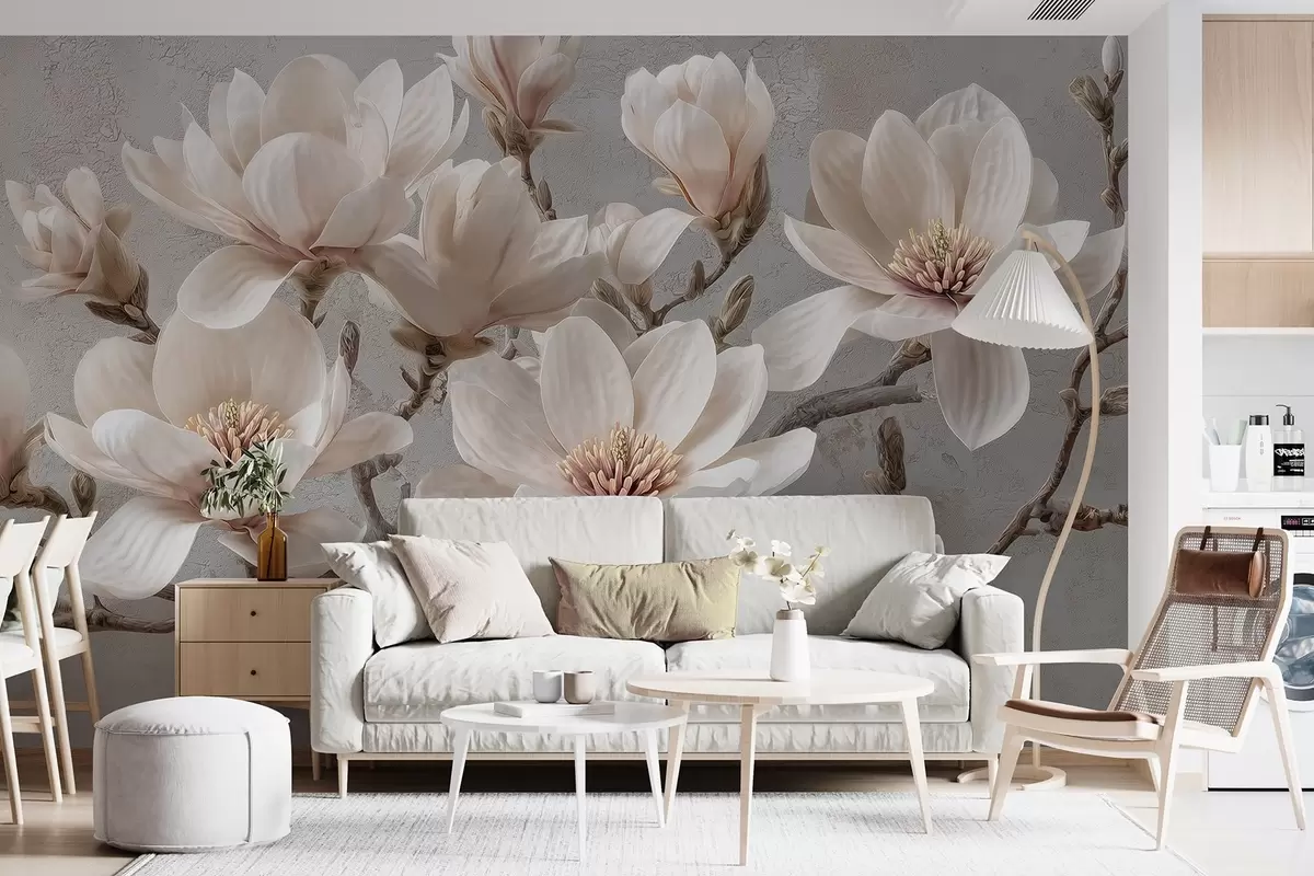 stenske poslikave Veje magnolije z velikimi svetlimi cvetovi v umirjenih tonih w09305