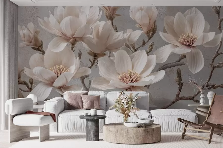 stenske poslikave Veje magnolije z velikimi svetlimi cvetovi v umirjenih tonih w09305