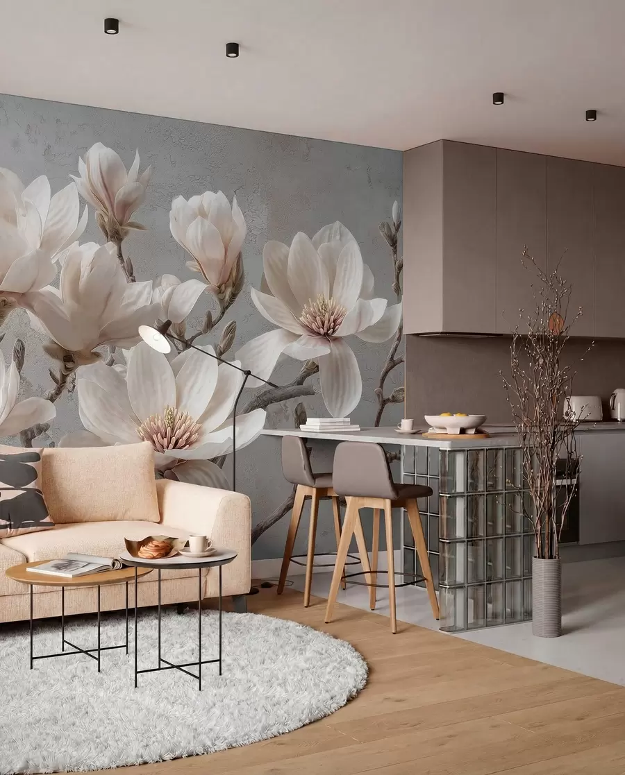 stenske poslikave Veje magnolije z velikimi svetlimi cvetovi v umirjenih tonih w09305