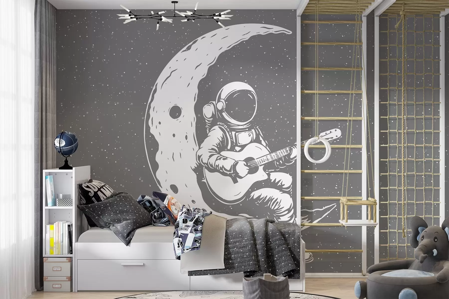 stenske poslikave Kozmonavt, luna, kitara w04514