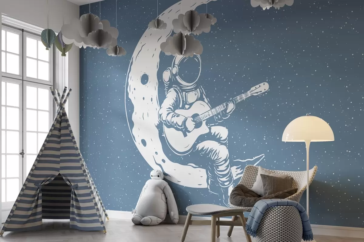 stenske poslikave Kozmonavt, luna, kitara w04514v2