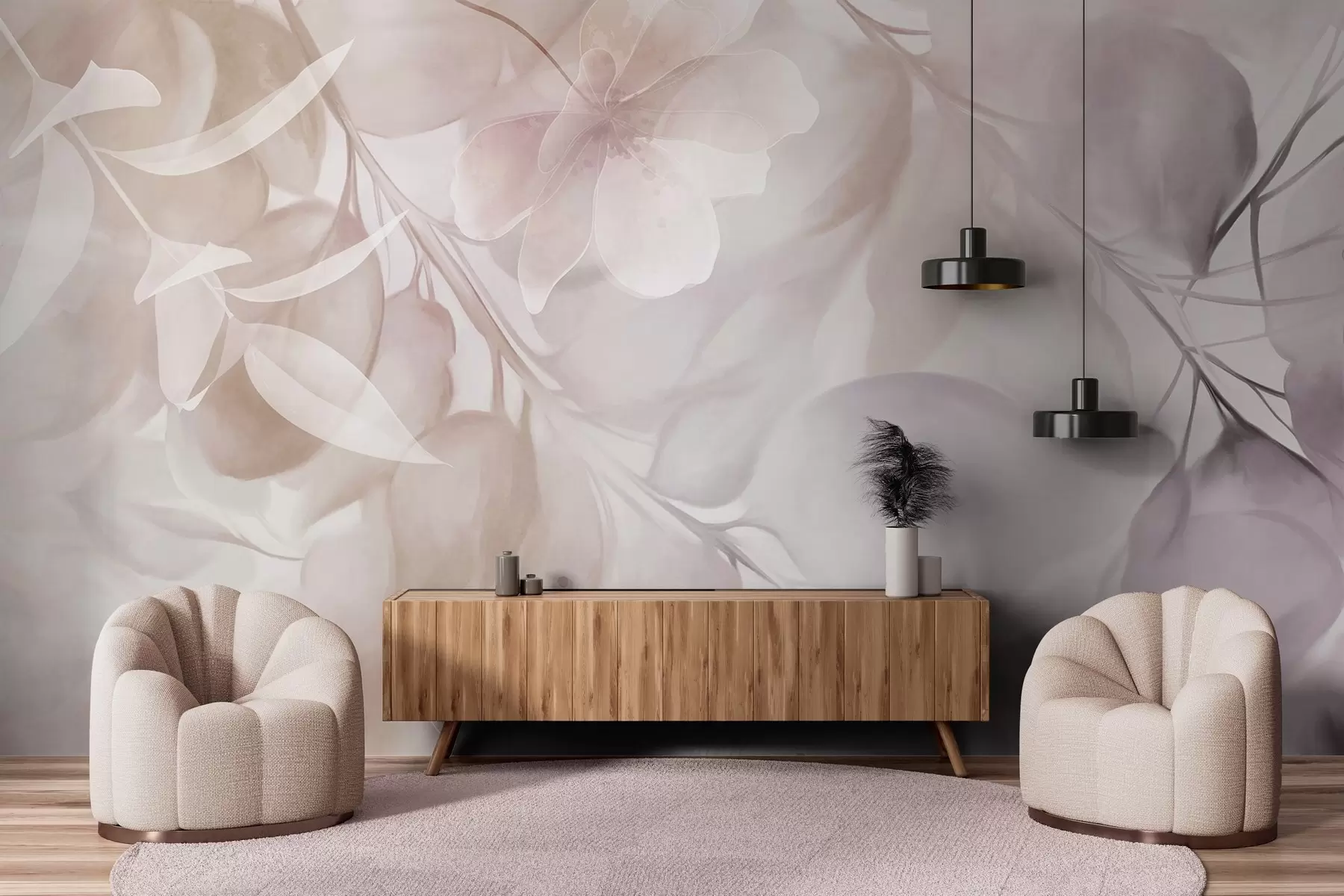 stenske poslikave Cvetlična umetnost z nežnimi bež in rjavimi cvetovi, listi in vejami, mehkimi pastelnimi barvami in akvarelnim teksturiranim učinkom w09397