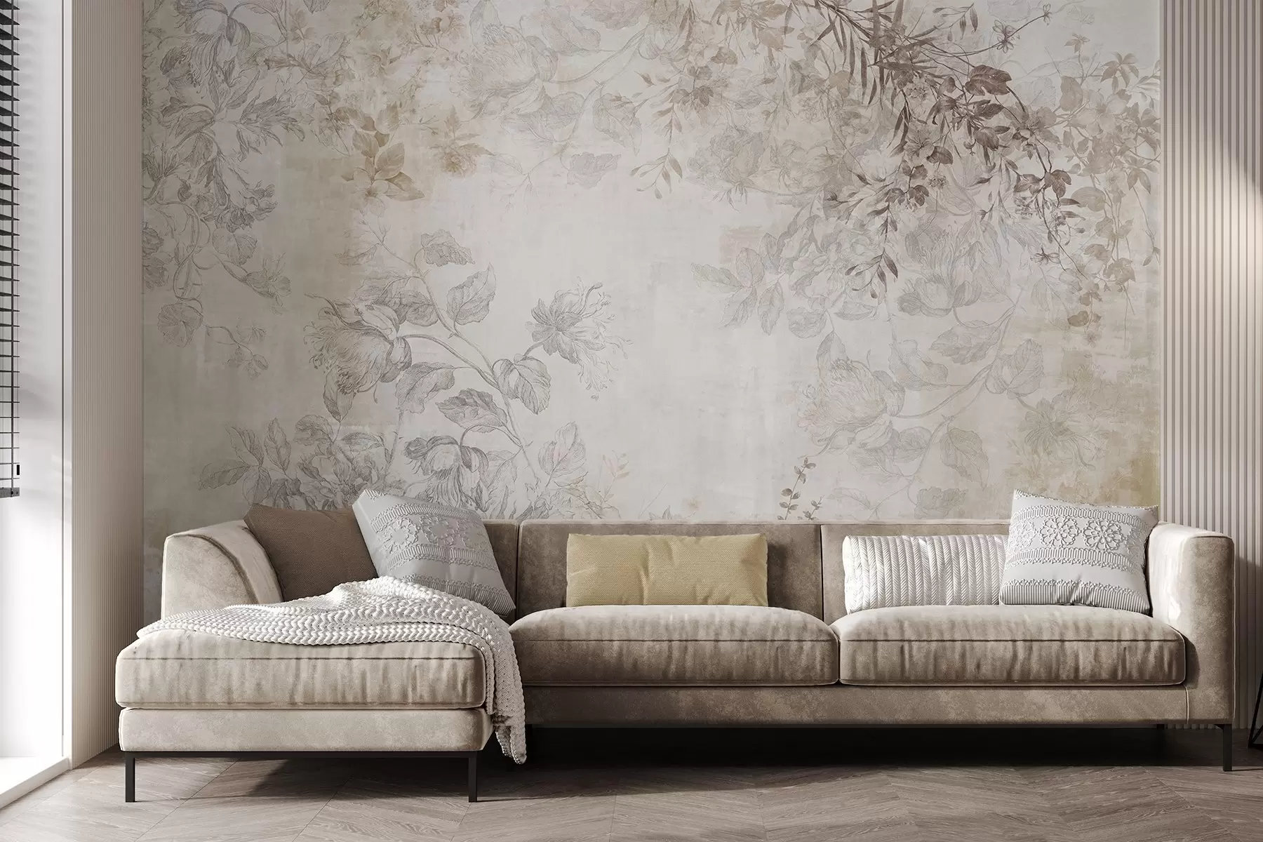 stenske poslikave Vintage teksturirana cvetlična umetnost z risanimi ilustracijami nežnih vrtnih cvetov in listov, v mehkih pastelnih bež in sepiastih tonih w09402