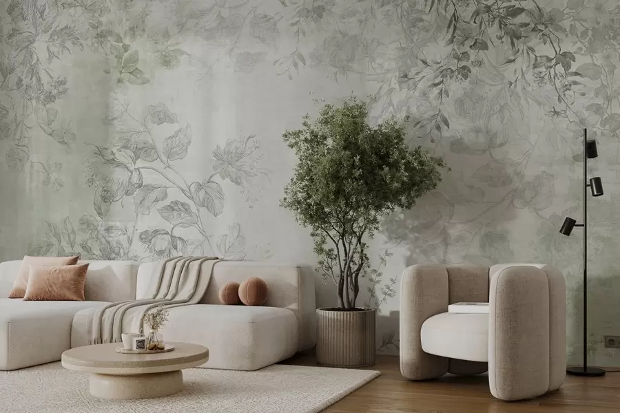 stenske poslikave Vintage teksturirana cvetlična umetnost z risanimi ilustracijami nežnih vrtnih cvetov in listov, v nežnih zelenih odtenkih w09402v2