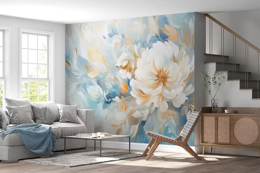 stenske poslikave Teksturirana bela cvetlica z modrimi in rumenimi detajli in listi na modro-belem abstraktnem ozadju, slikarski slog w09403