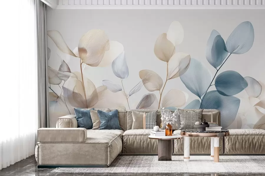 stenske poslikave elegantni listi evkaliptusa z žilami w04503