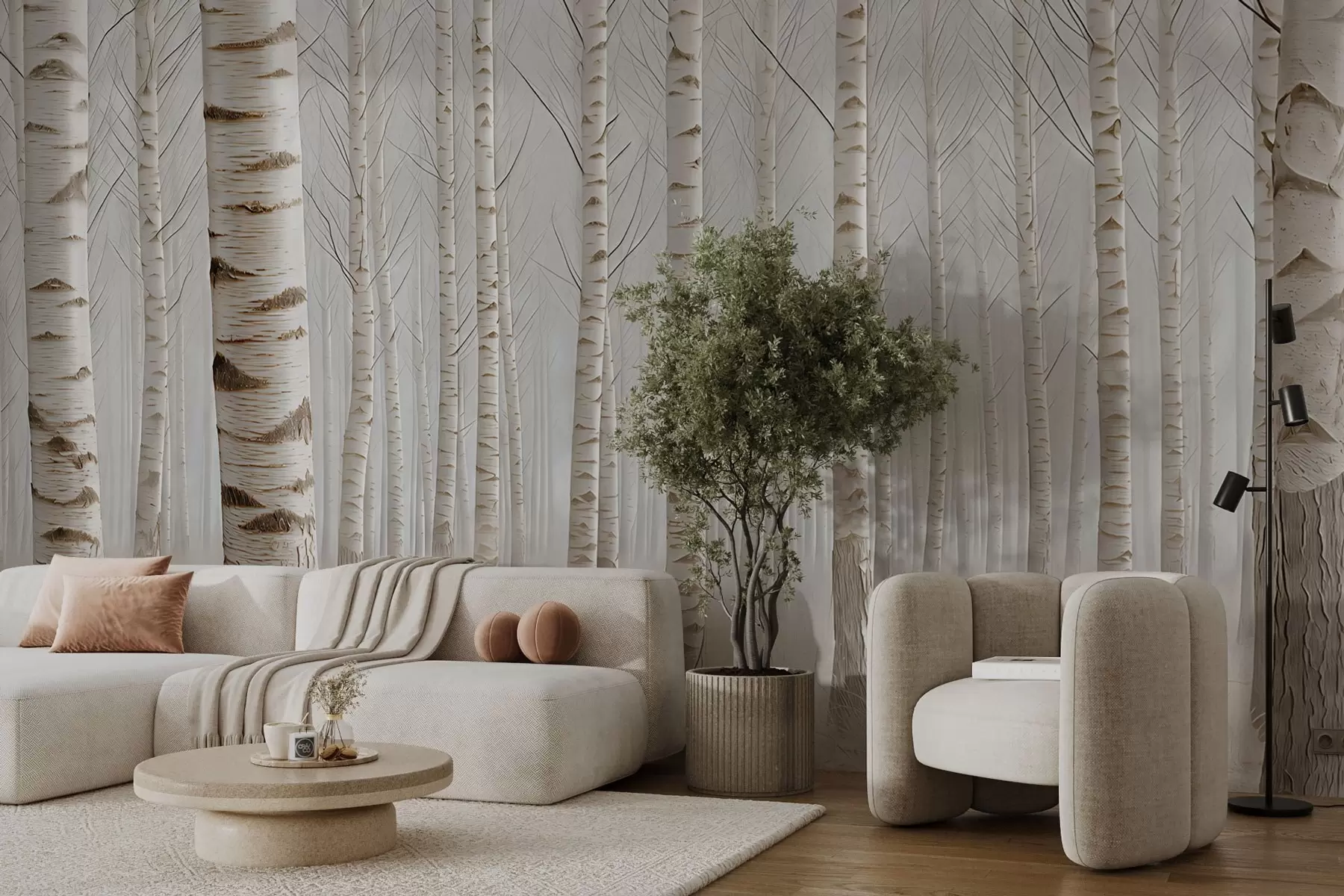 stenske poslikave Brezov gozd v megli, svetlobni minimalizem w04574