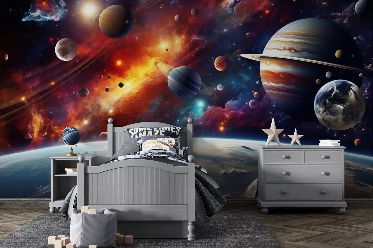 stenske poslikave Barvit vesolje z planetami in meglicami w04576