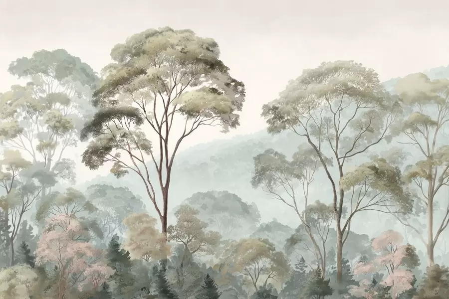 stenske poslikave Megleno jutro v gozdu v akvarelnem slogu w09405