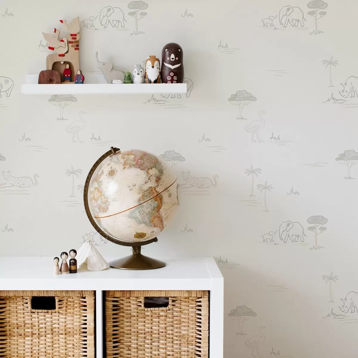 Ozadje Minimalistični safari: sloni, nosorogi, leopardi in palme a00492