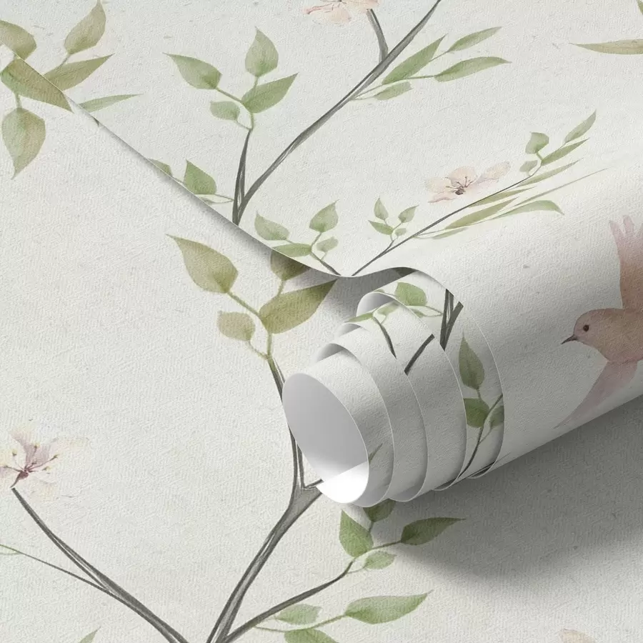 stenske poslikave Akrilne veje z listi in pticami na svetlem ozadju a00496