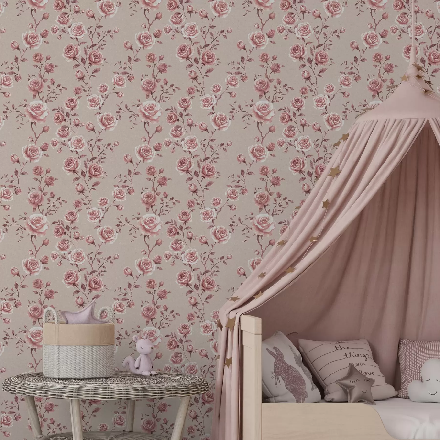 stenske poslikave Prašnate vrtnice na bež barvi — vintage vzorec a00497