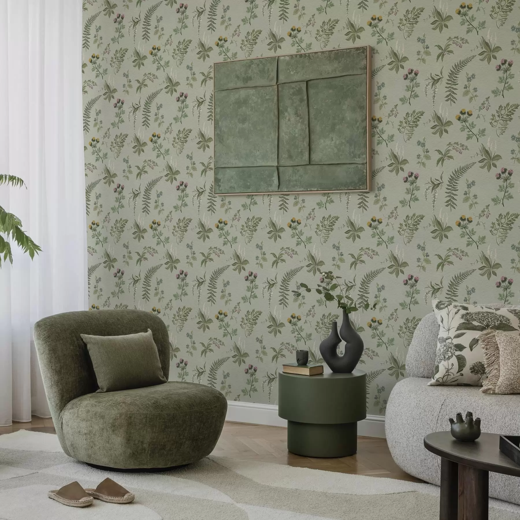 stenske poslikave Botanika trave in praproti na bledo sivo-zeleni podlagi a00498