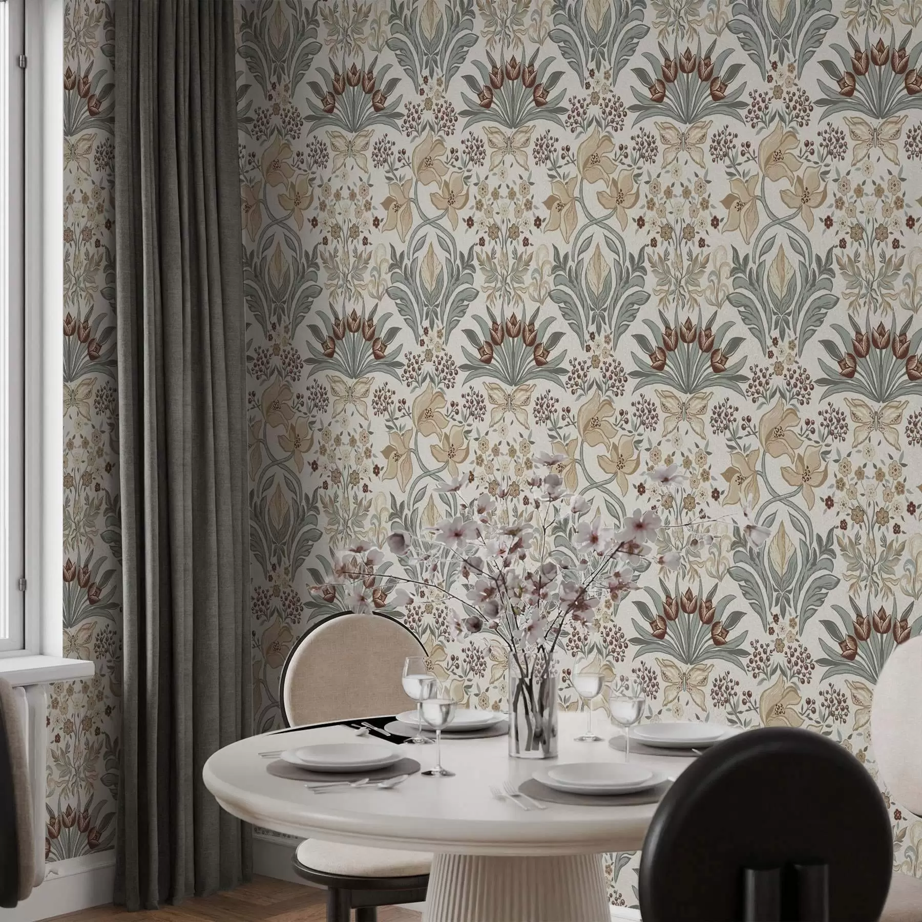 stenske poslikave Okrasne lilije in metulj na kremastem ozadju a00500