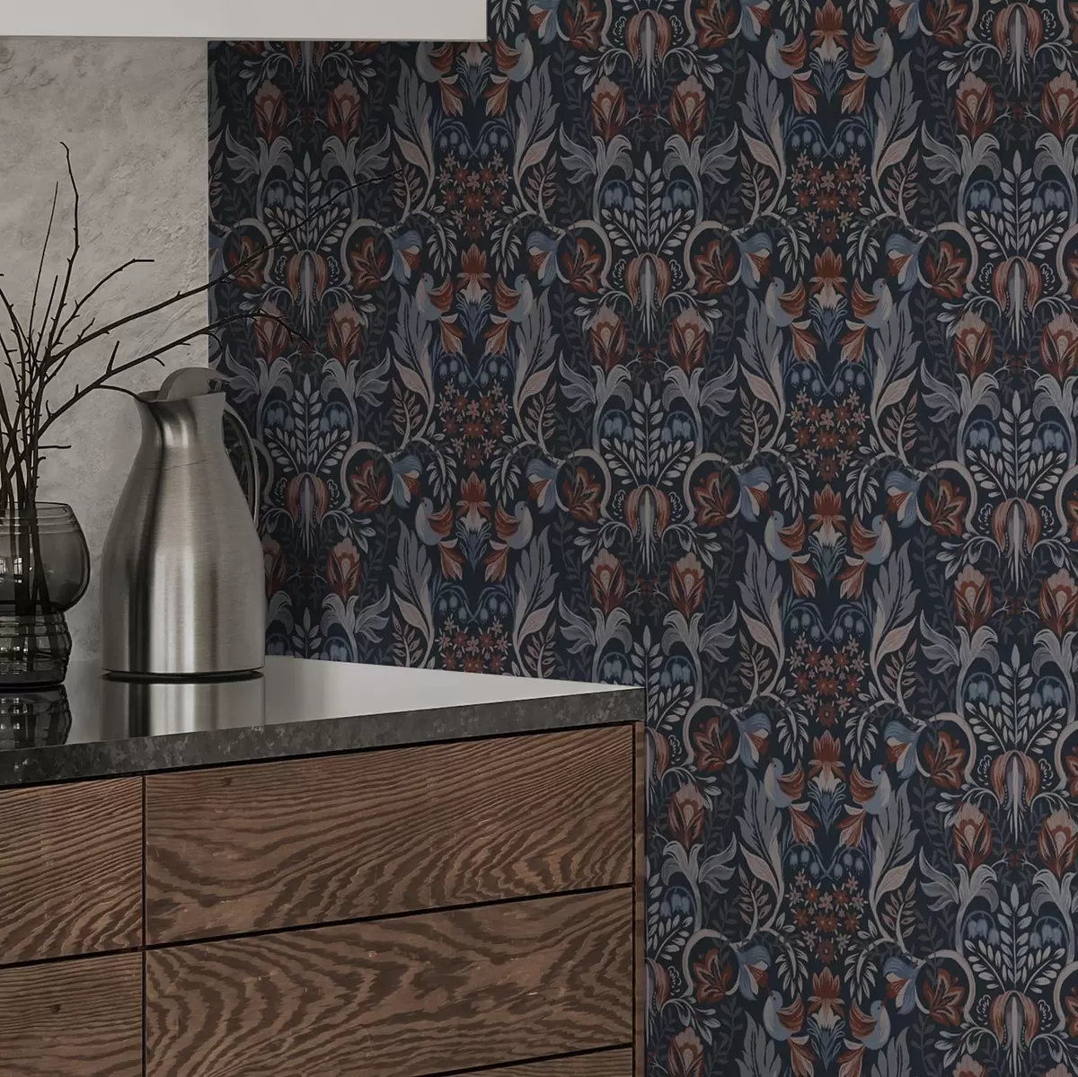 Ozadje Ljudski ornament s pticami, temno indigo a00502v1