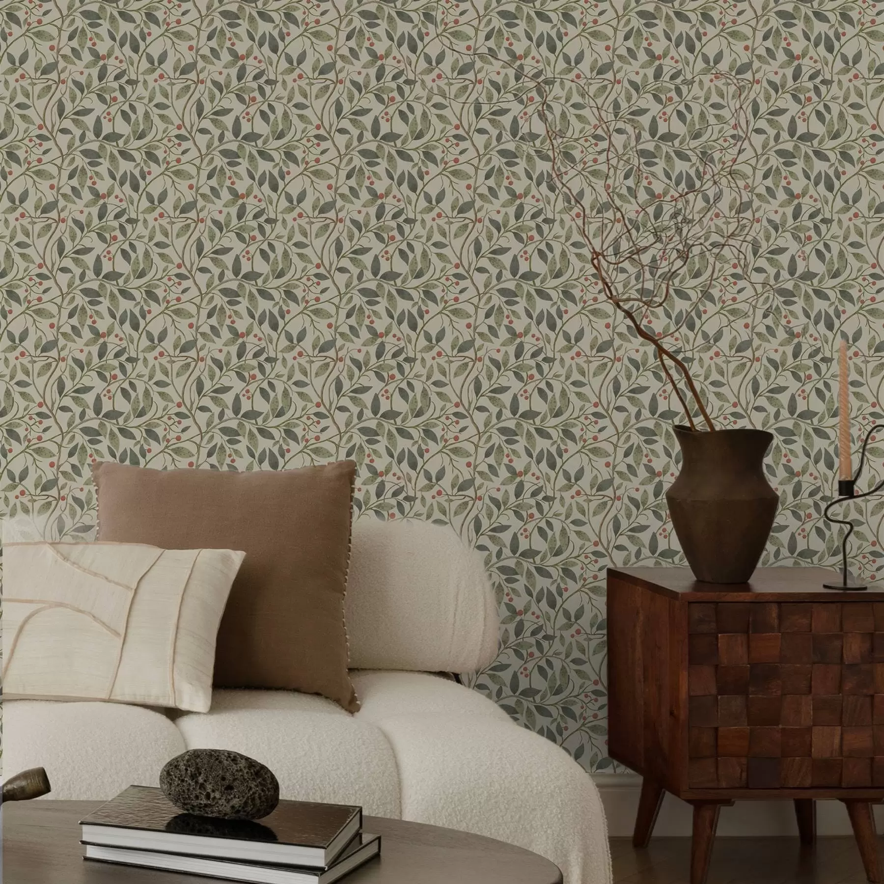 stenske poslikave Oljčne veje z jagodami na topli svetli podlagi a00573