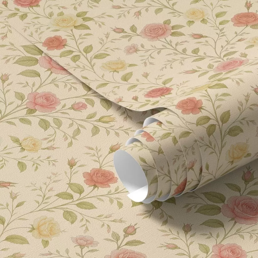 stenske poslikave Vintage vrtnice v barvah breskve in rumene na kremastem ozadju a00577