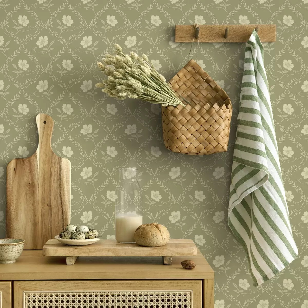Ozadje Oljčna pergola s kremastimi cvetovi, retro ornament a00585