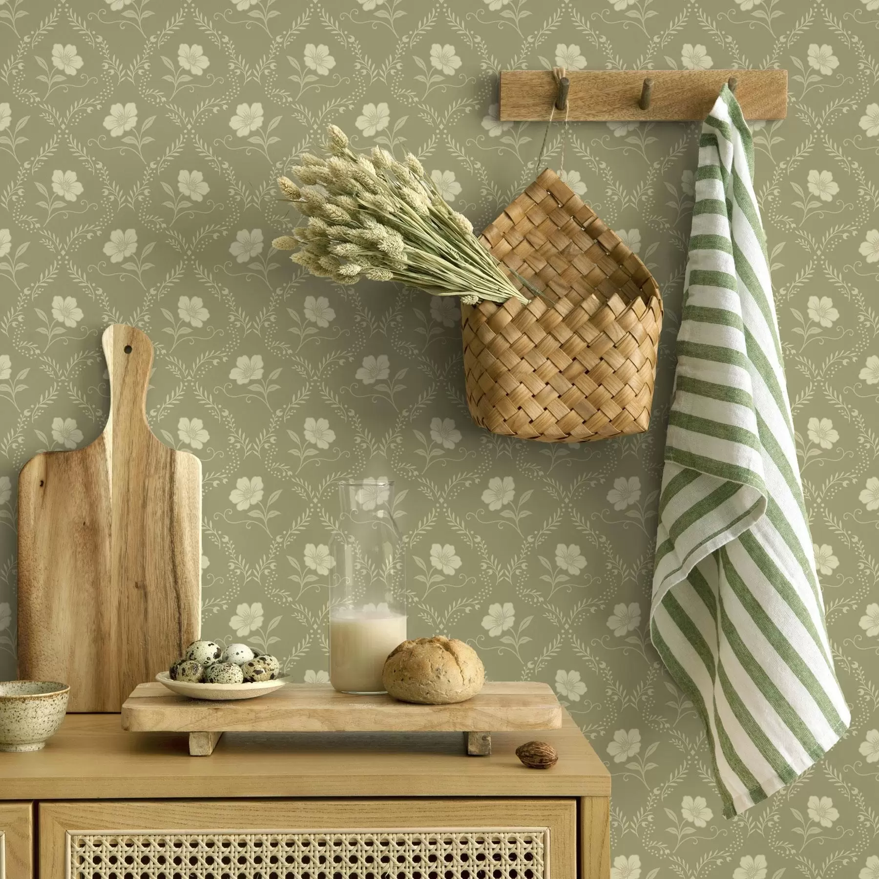 stenske poslikave Oljčna pergola s kremastimi cvetovi, retro ornament a00585