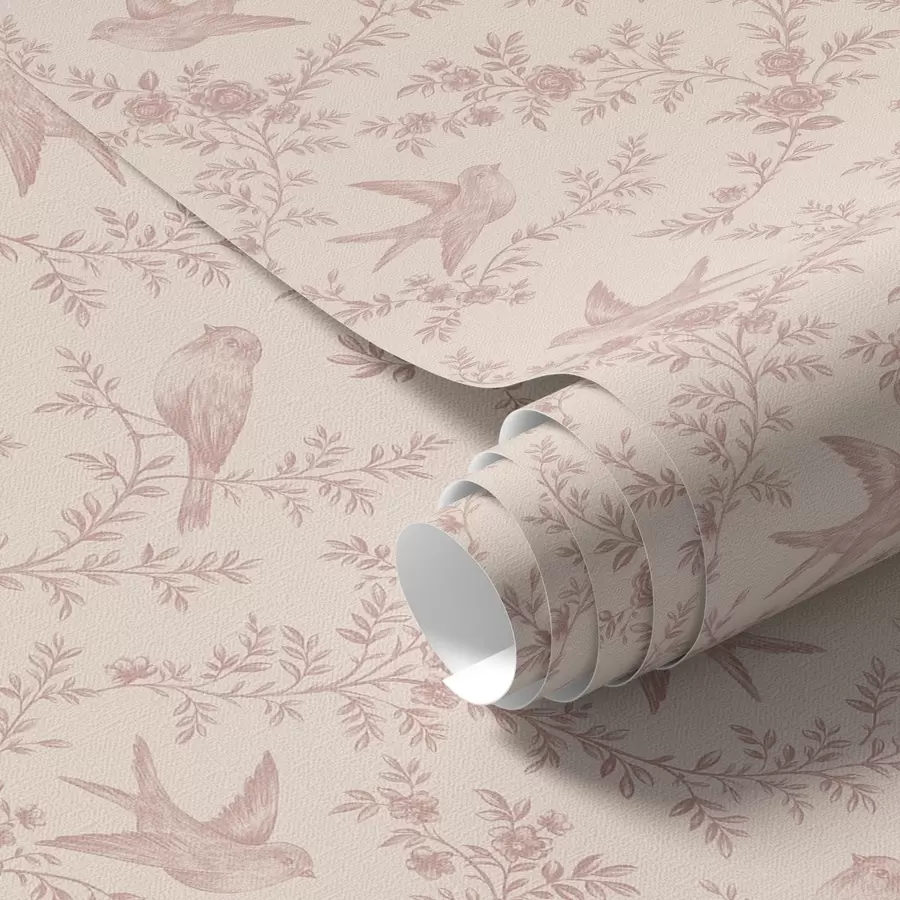 stenske poslikave Ptice in vrtnice, vintage vzorec na roza barvi a00587