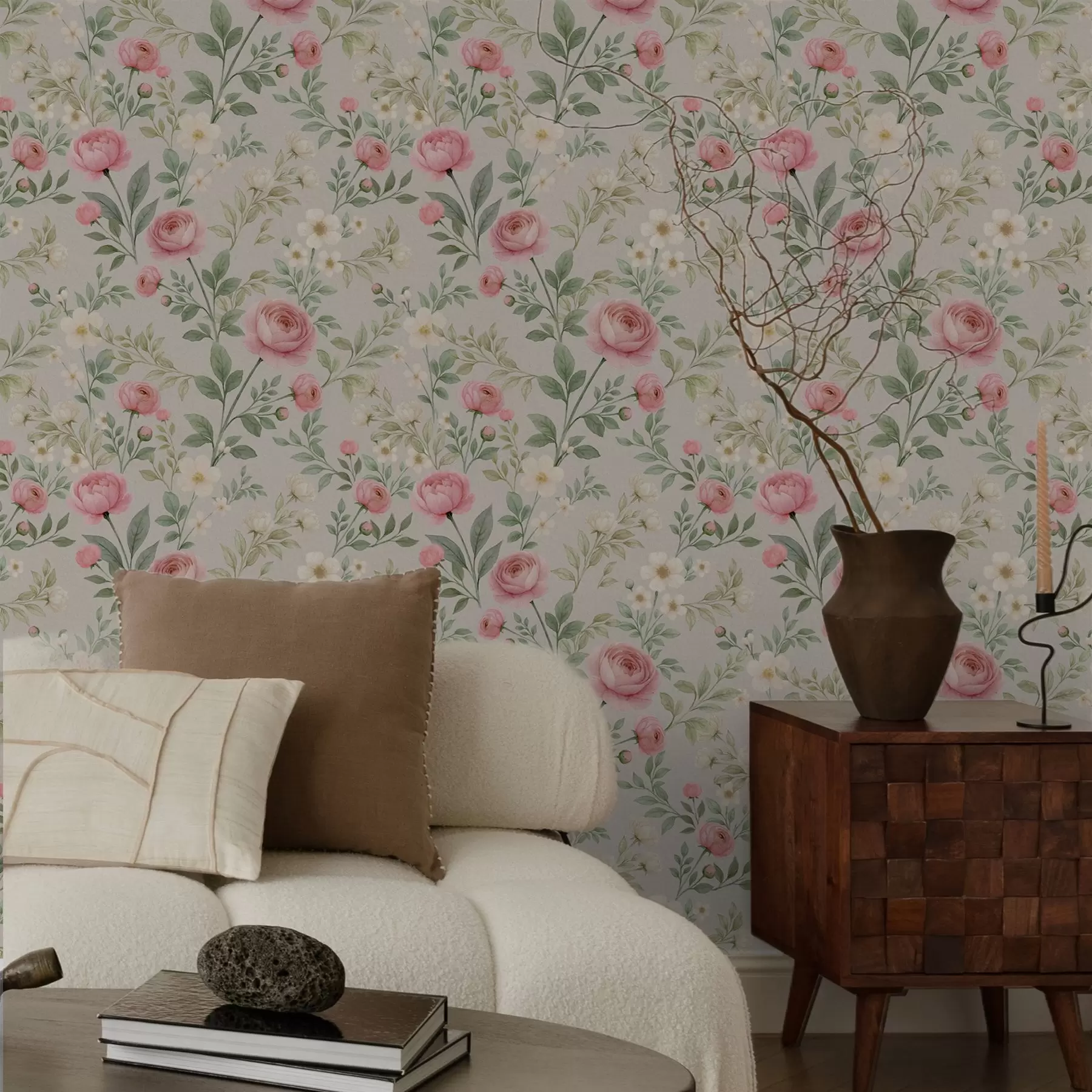 stenske poslikave Akrilne potonike in bele rože na sivo-bežni podlagi a00592