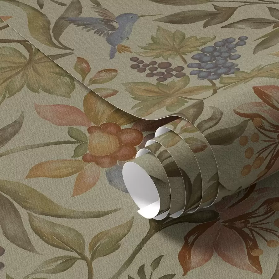 stenske poslikave Vintage cvetje in ptice z grozdjem na olivnem ozadju a00594