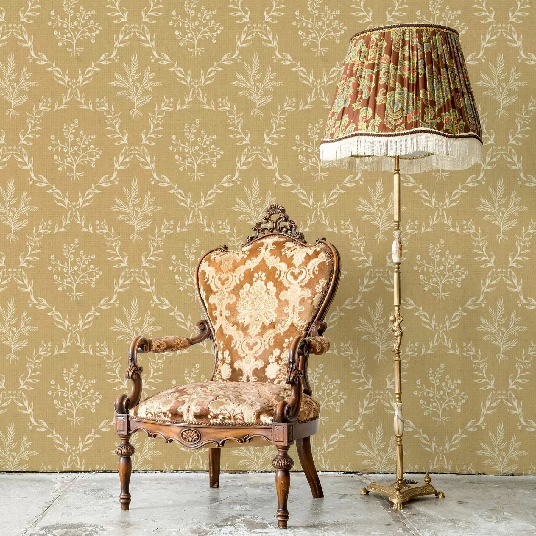 stenske poslikave Beli venci iz zelišč in cvetja na gorčični podlagi a00599