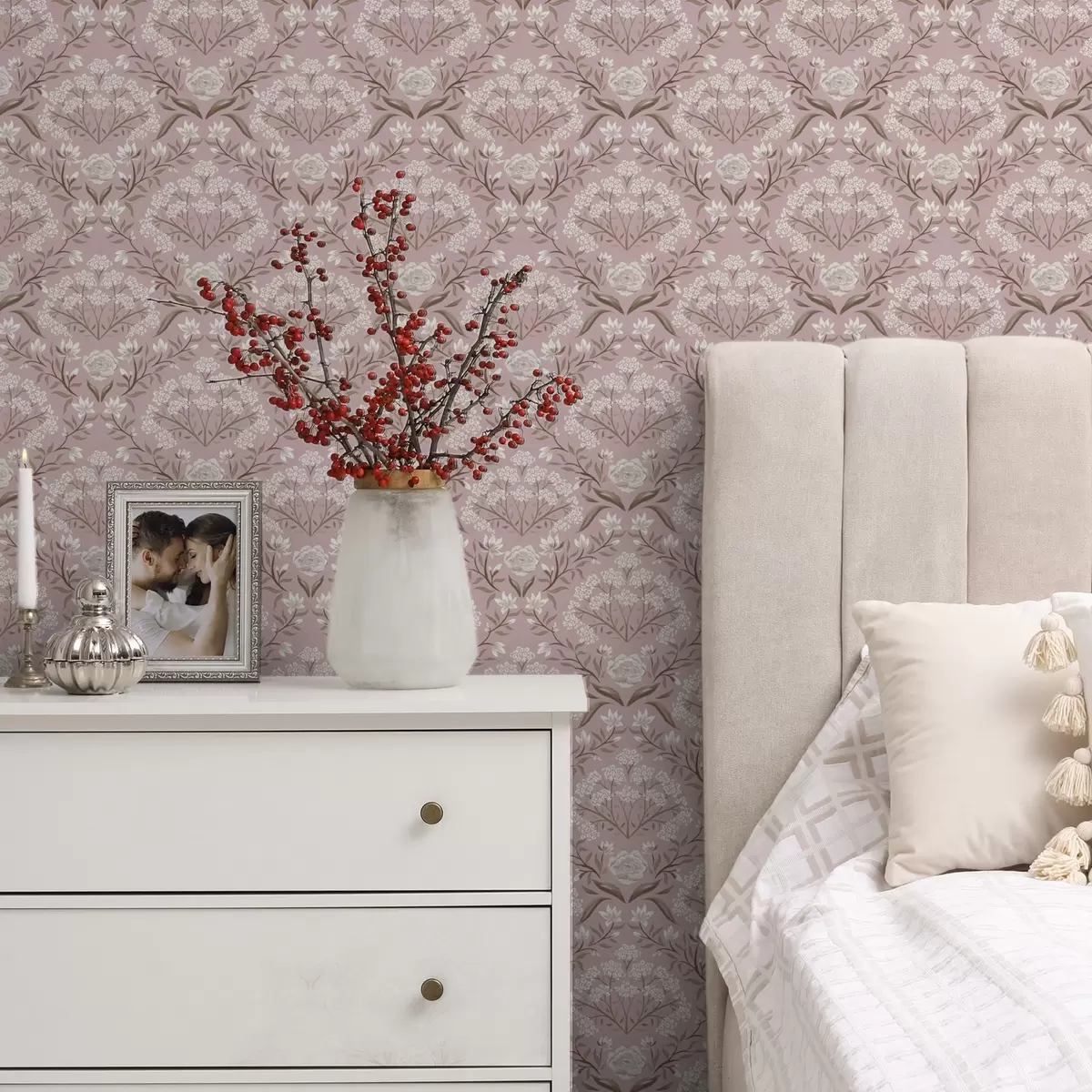 Ozadje Roza damask: potonike, zvončki in čipkasti grozdi a00603