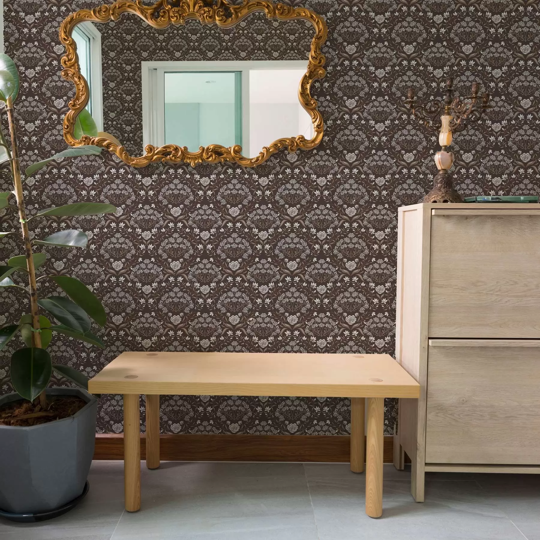 stenske poslikave Temna čokolada damask z potonikami in zvončki a00603v2