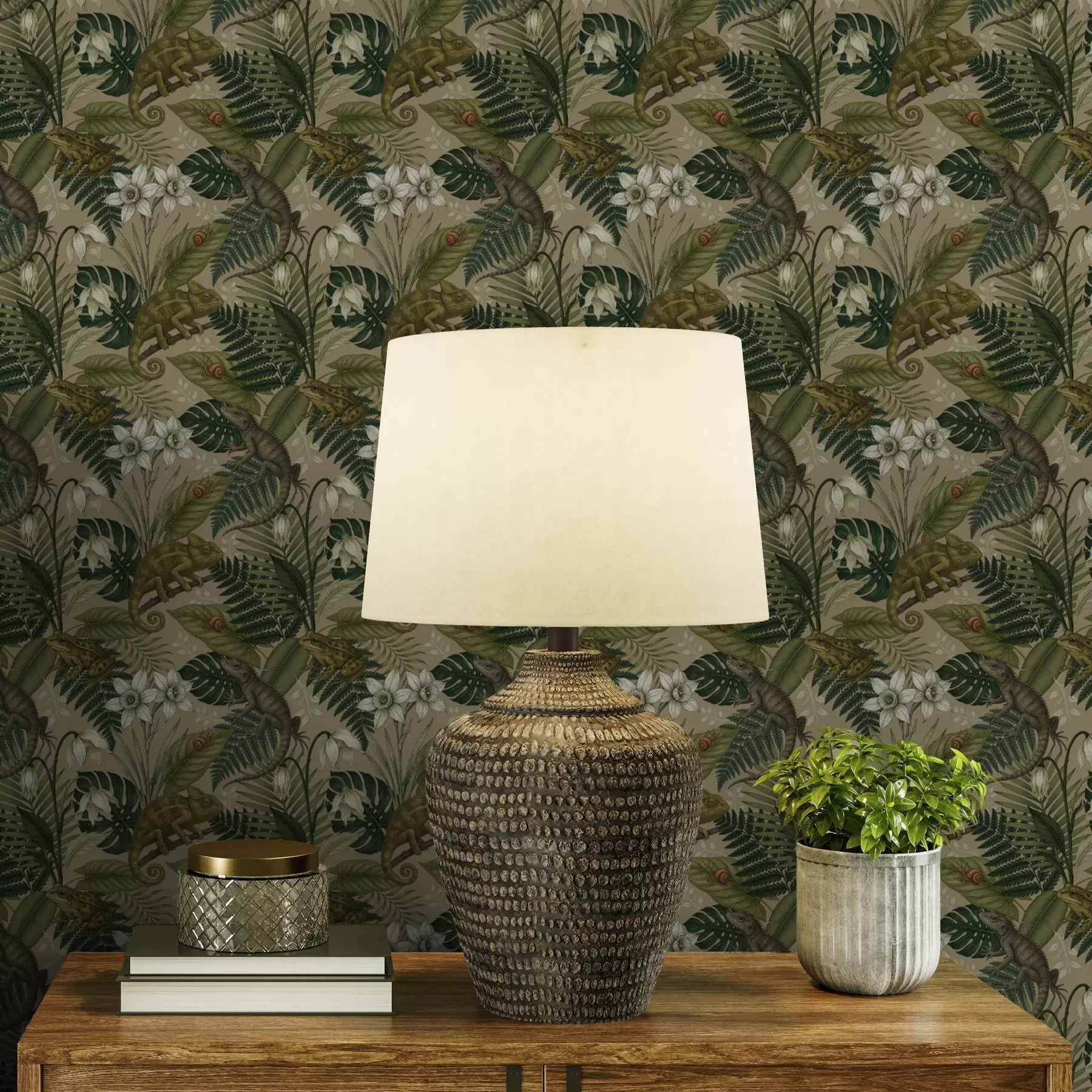 stenske poslikave Kameleoni in tropska listja, beli cvetovi, bež podlaga a00608