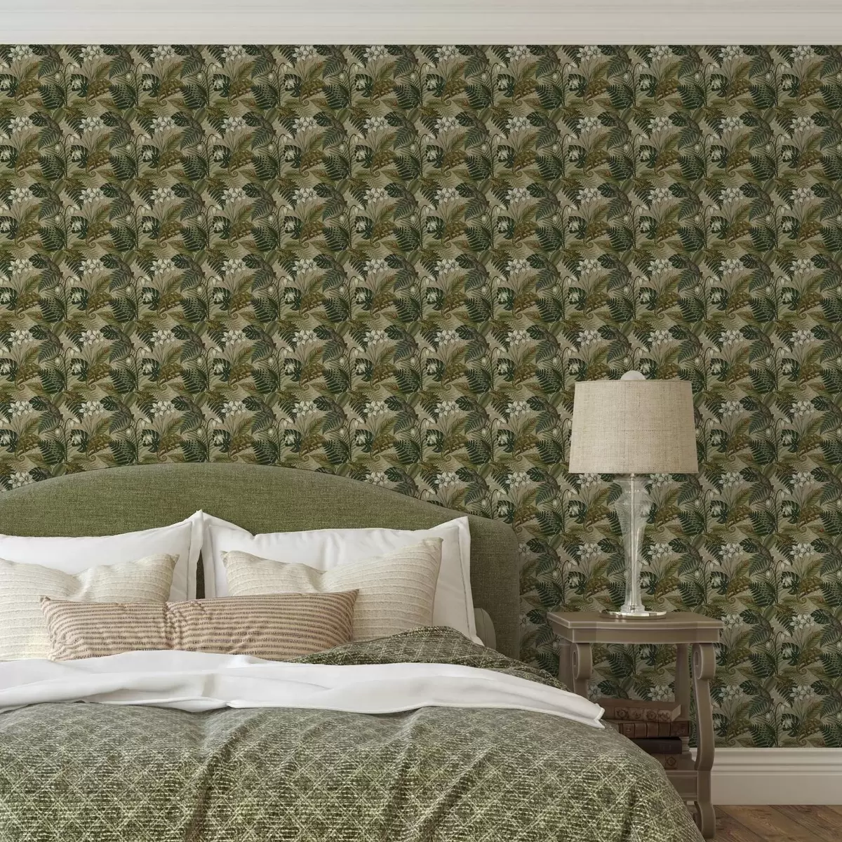 Ozadje Kameleoni in tropska listja, beli cvetovi, bež podlaga a00608