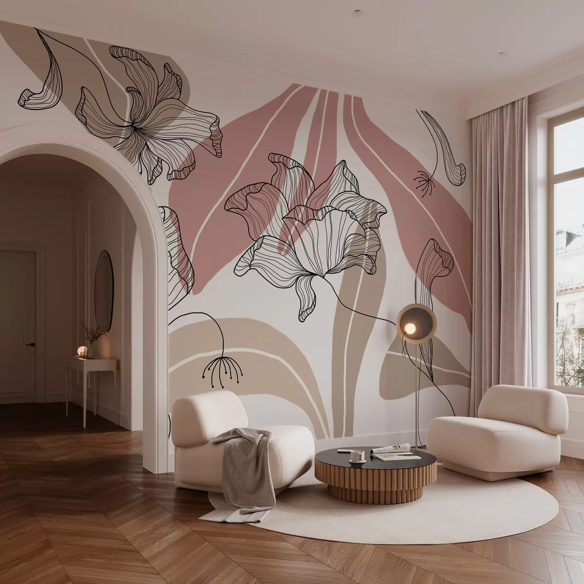 stenske poslikave abstrakni listi in cvetovi v prašnih in bež barvah w04499