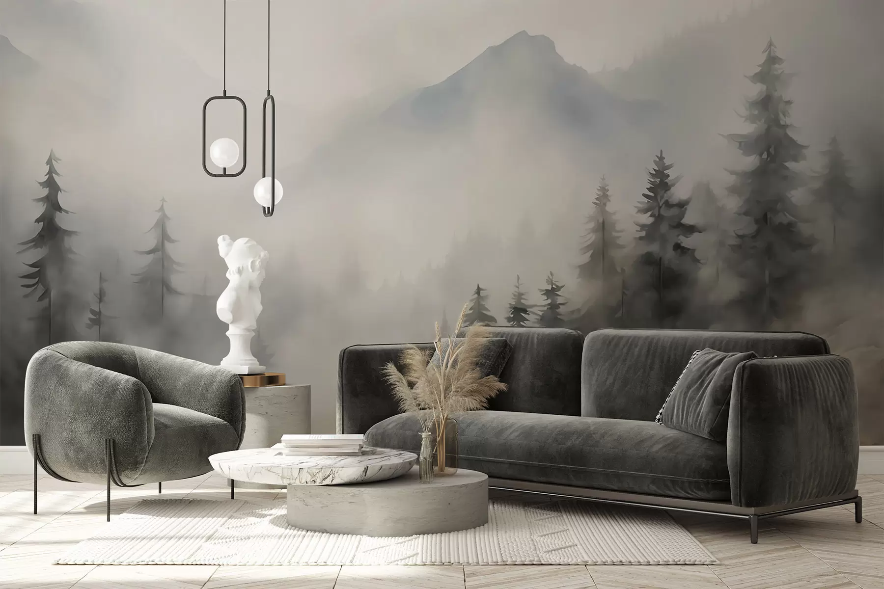 stenske poslikave Gozd v megli na ozadju gora w04493