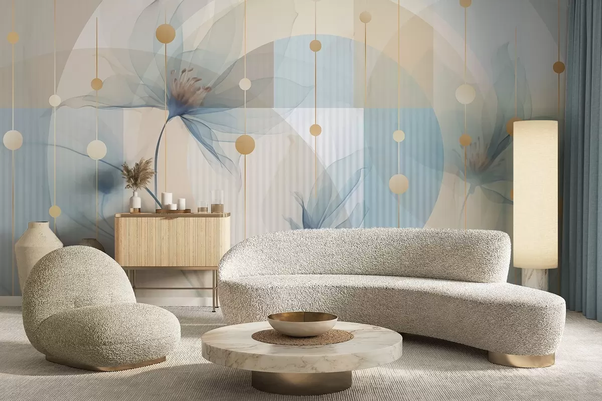 stenske poslikave Abstraktni prosojni cvetovi, krogi in geometrijske oblike, pastelno modra, bež in bela barvna paleta w09419