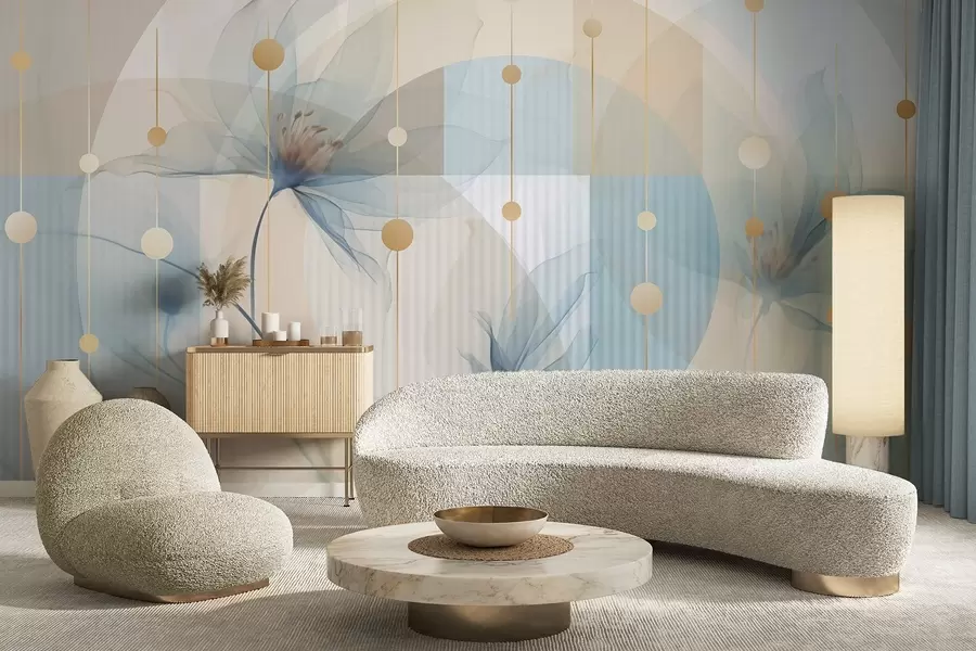 stenske poslikave Abstraktni prosojni cvetovi, krogi in geometrijske oblike, pastelno modra, bež in bela barvna paleta w09419