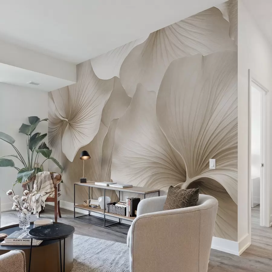 stenske poslikave Bele in bež listi gingka, mehka tekstura, abstraktno cvetlični ozadje, minimalističen sodoben slog w09421v1