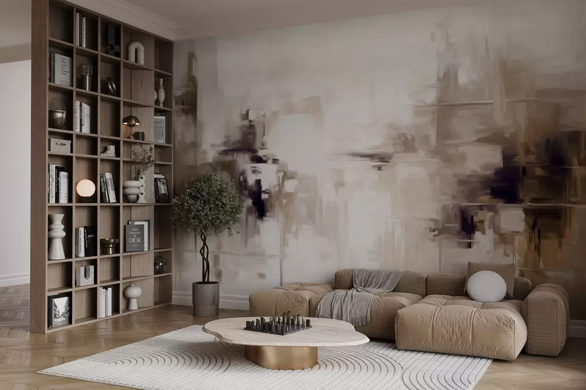 stenske poslikave Abstraktna teksturirana imitacija krajinske slike z rjavimi in belimi čopičnimi potezami, sodoben slog w09422v1