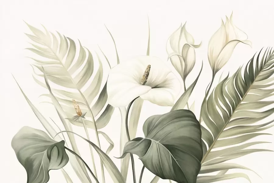 stenske poslikave Bele kalije in zelene tropske liste, botanična ilustracija, svetlo ozadje, vintage stil, teksturirano w09423