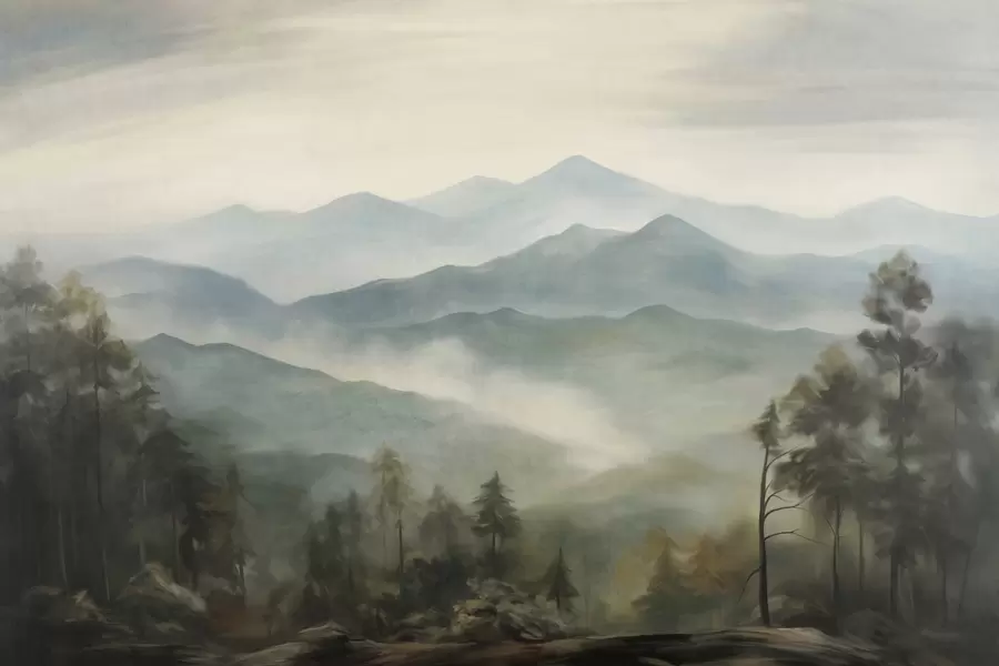 stenske poslikave Megleno gorovje z drevesi, megla, oblačno nebo, pridušene barve, slog krajinske slike w09424
