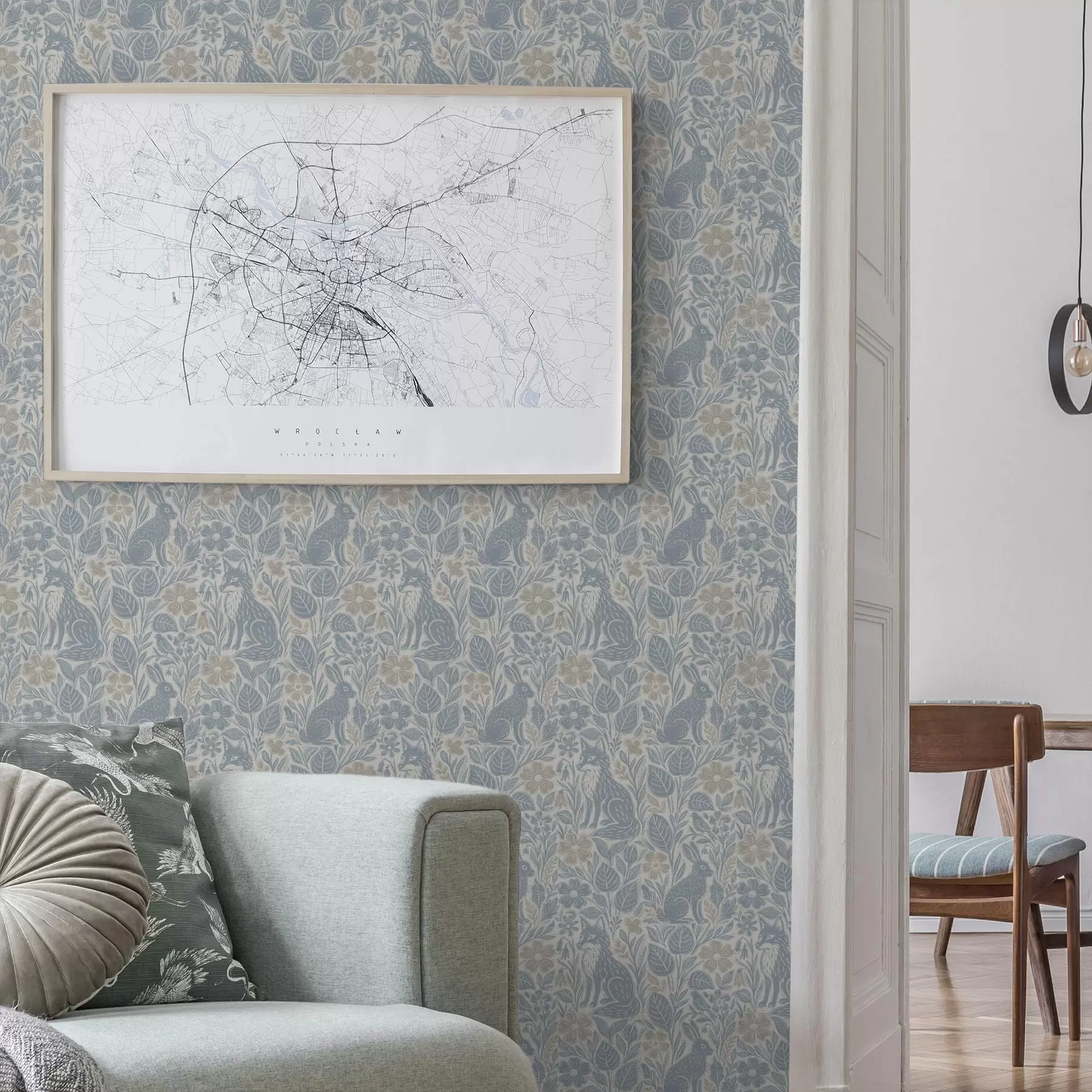 stenske poslikave Gozdne živali in cvetje: lisica in zajec v modrih odtenkih a00613