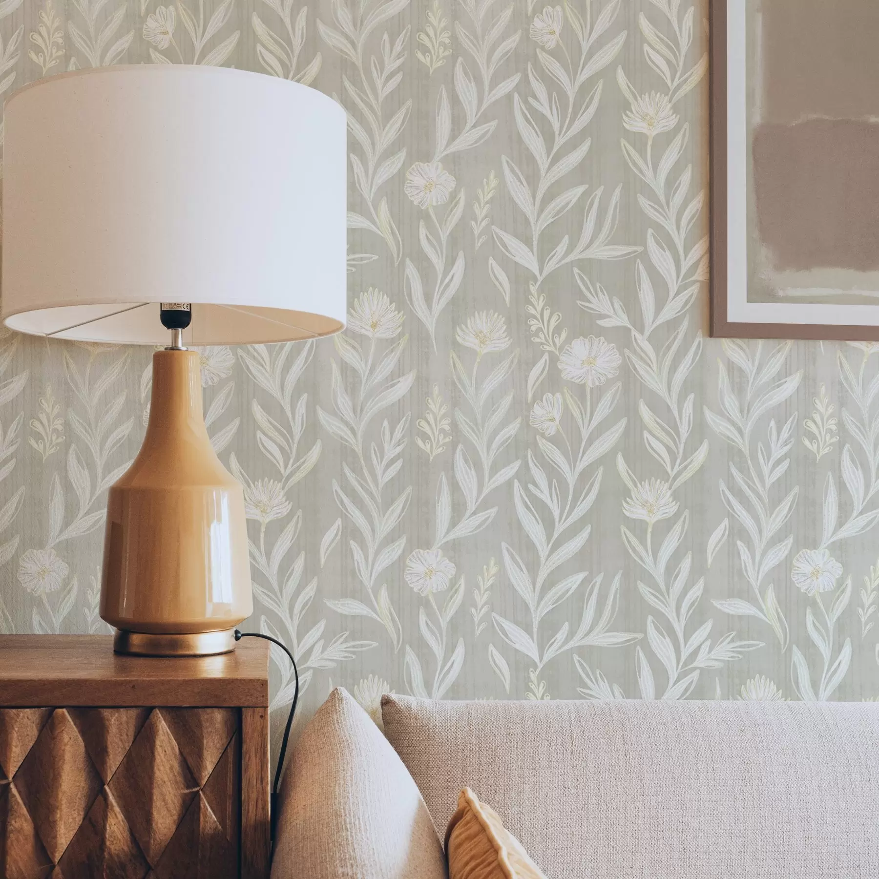 stenske poslikave Svetle trave in cvetje na bež barvi, skicirane črte a00618