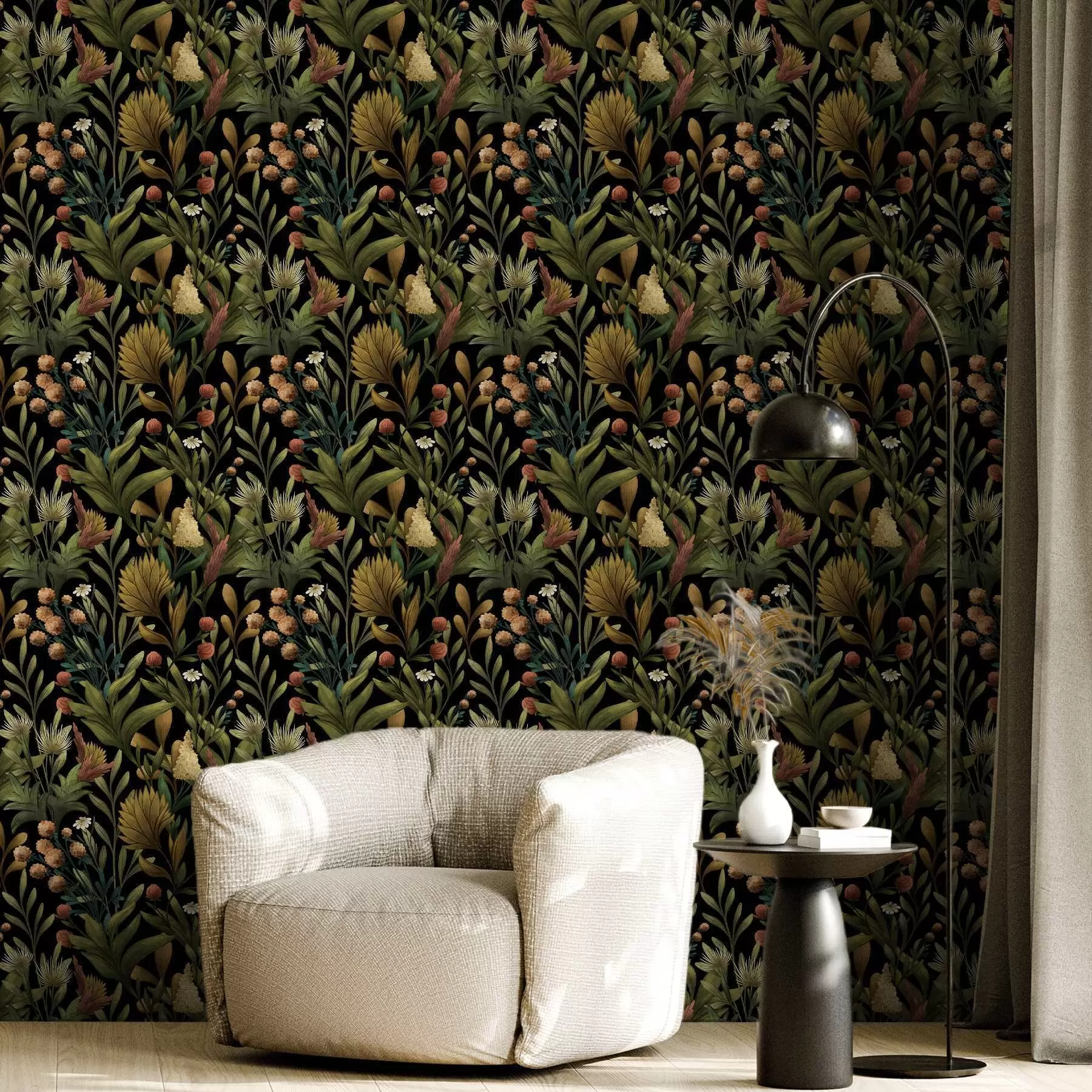 stenske poslikave Botanični vrt na črnem ozadju, topla jesenska paleta a00619