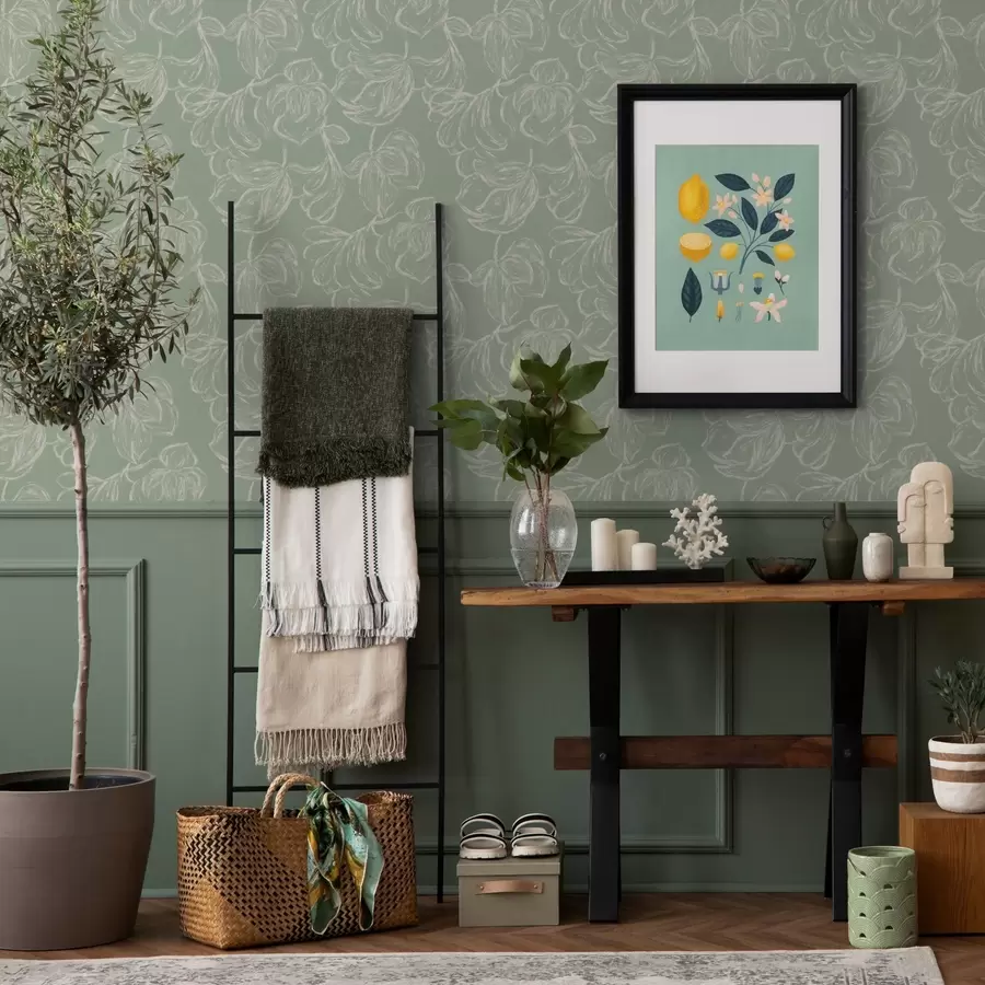 stenske poslikave Linearni veliki cvetovi, kredni potegi na sivkastem ozadju a00625v1