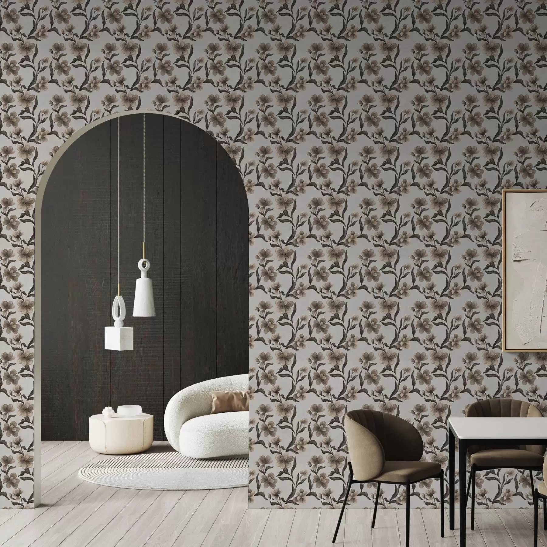 stenske poslikave Bež cvetovi in temne veje na svetlo sivem ozadju a00626v1