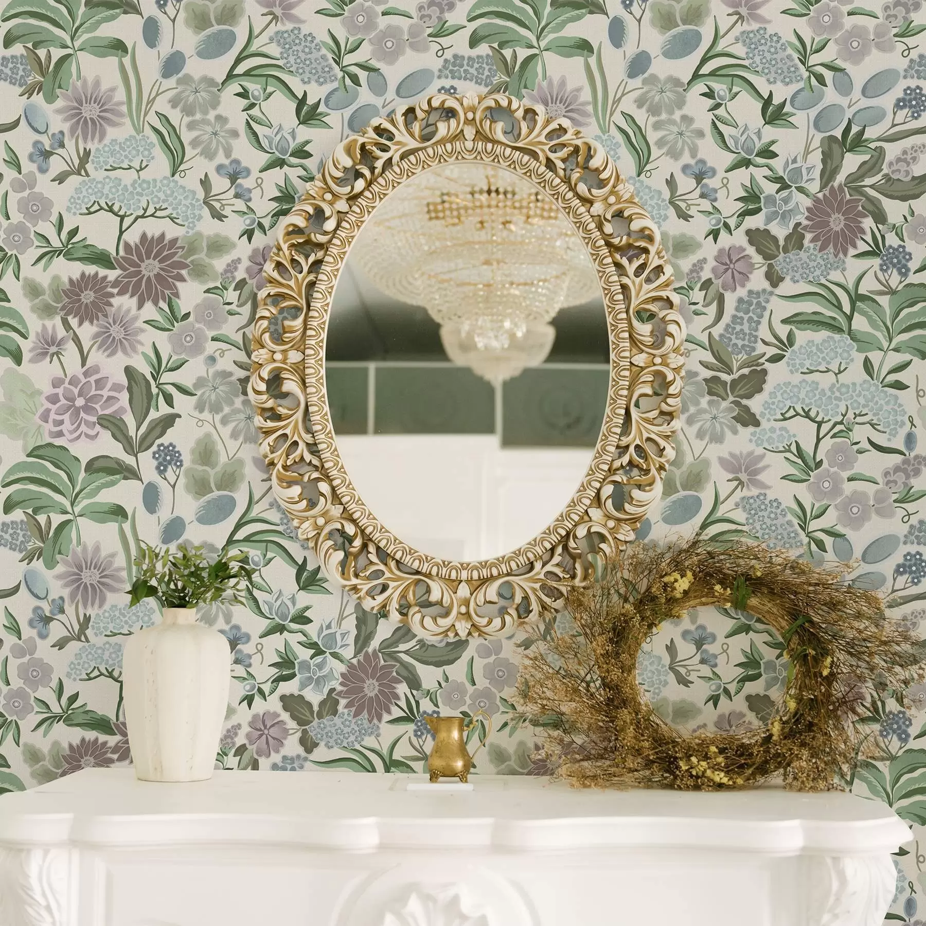 stenske poslikave Pastelne cvetlice in listje v mint-modri barvni paleti a00642