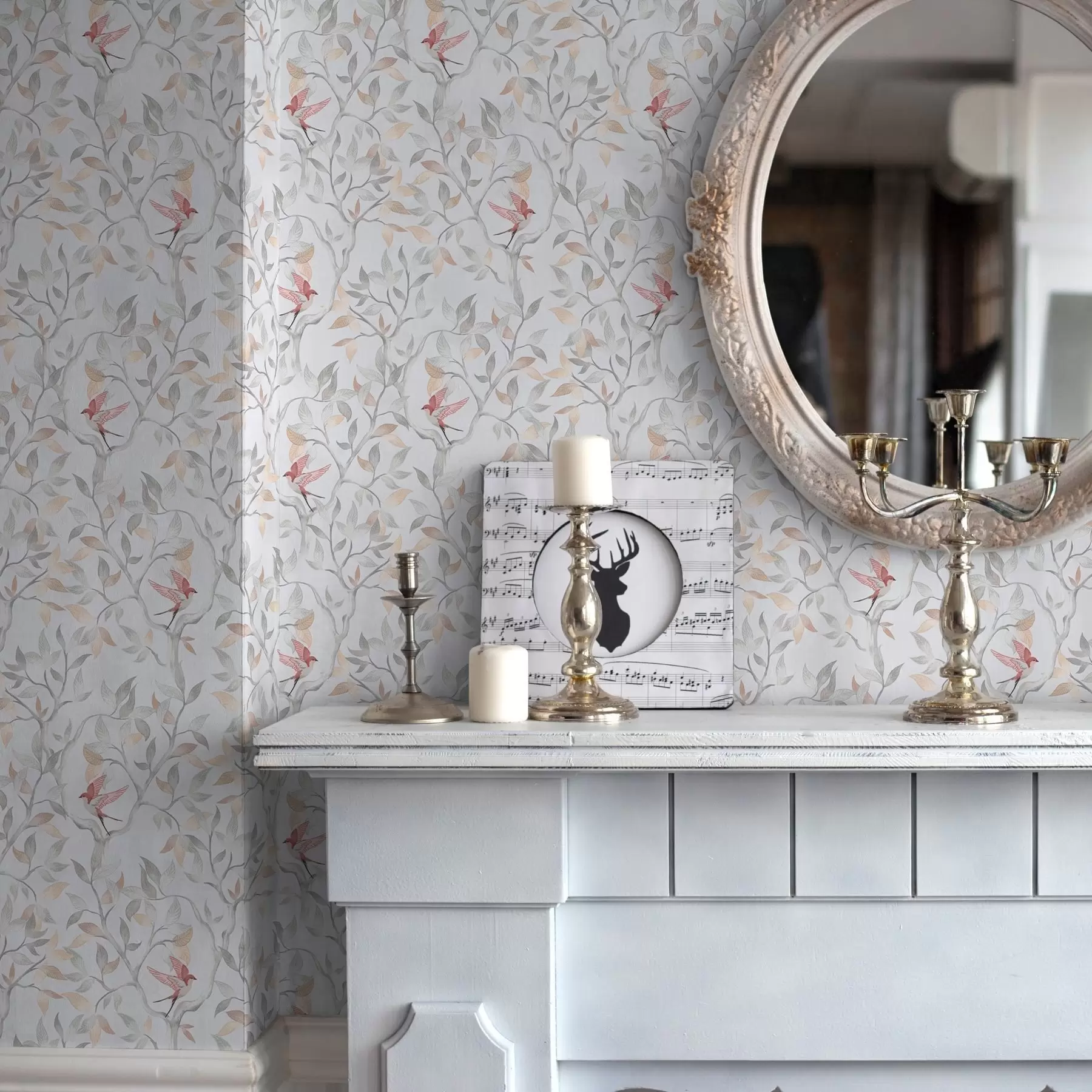 stenske poslikave Svetle veje z listi in pticami v odtenkih breskve a00716