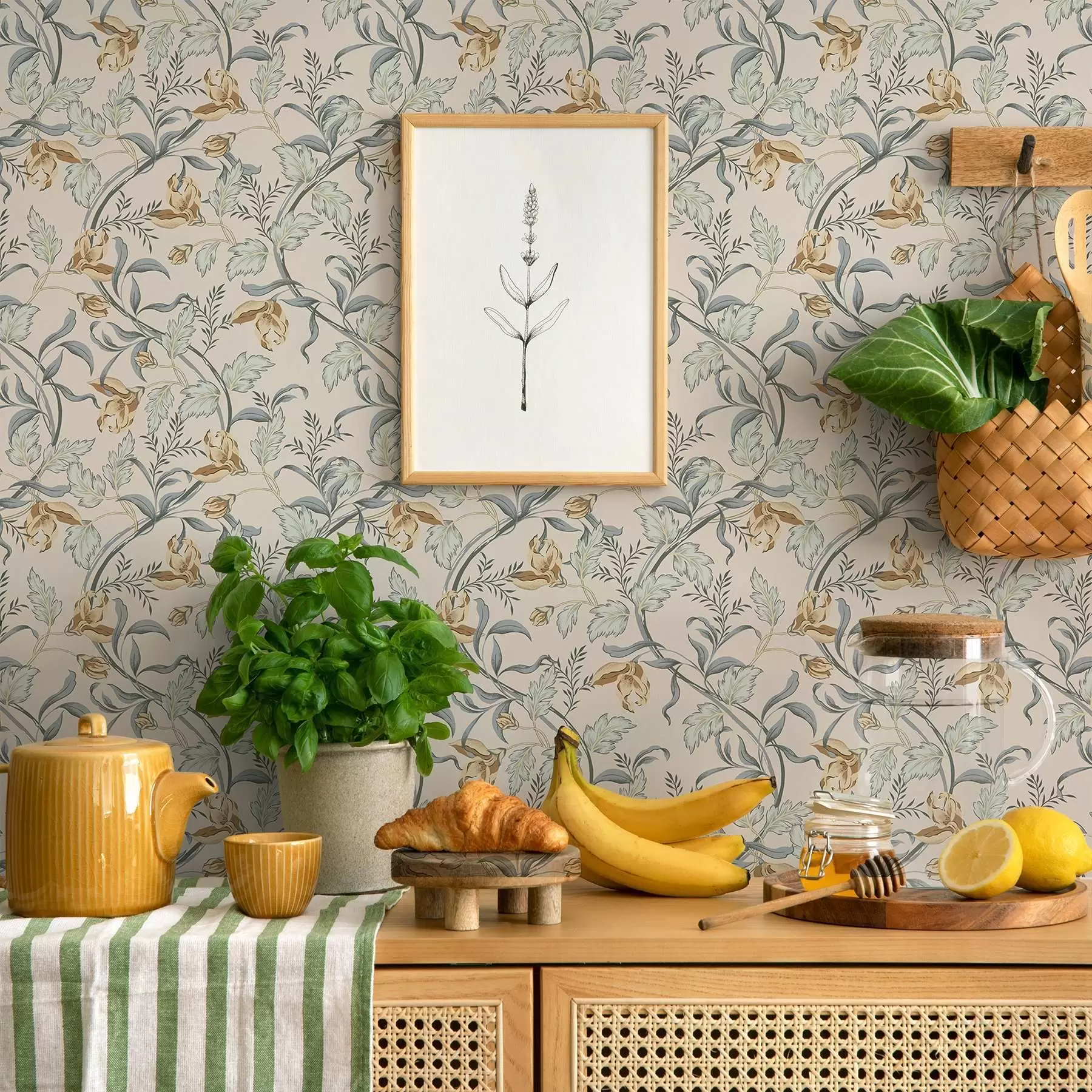 stenske poslikave Vintage cvetje z modrim listjem na kremastem ozadju a00717