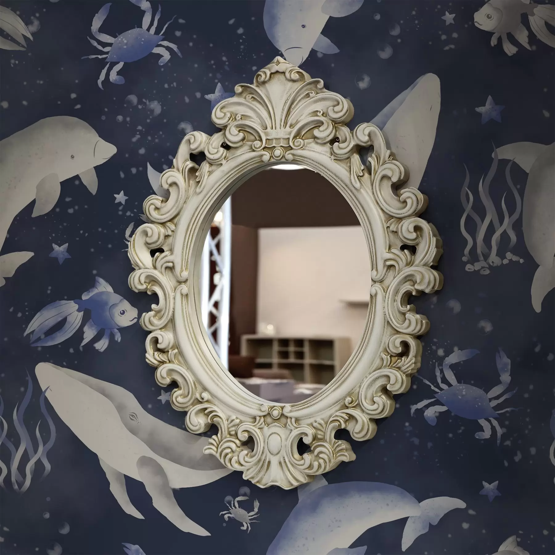 stenske poslikave Morski kiti, delfini in raki na temno modrem ozadju a00720