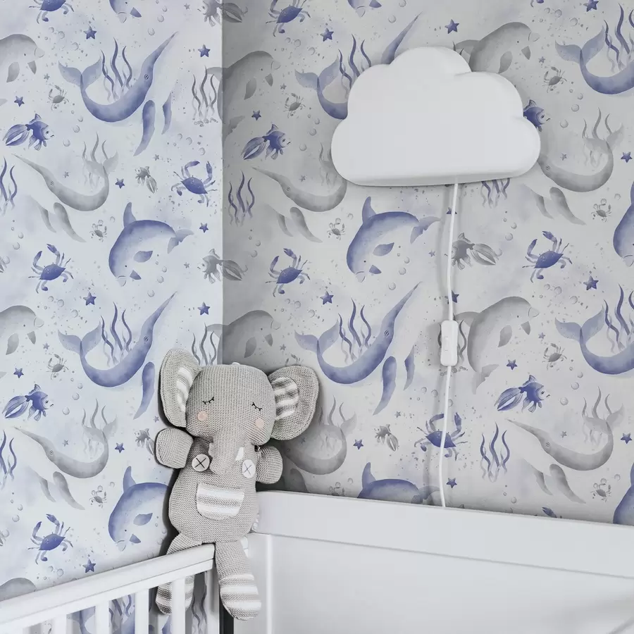 stenske poslikave Morski kiti in delfini v modrih odtenkih na belem ozadju a00720v1